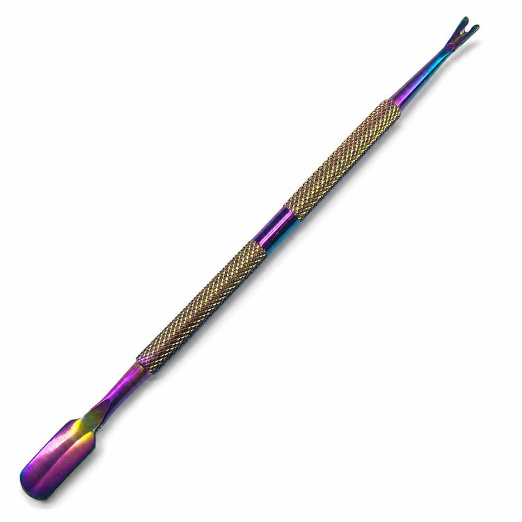 Rainbow cuticle trimmer and pusher tool with textured grip for manicure prep and nail care
