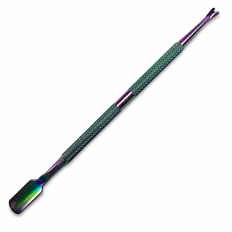 Rainbow cuticle trimmer and pusher tool with textured grip for manicure prep and nail care