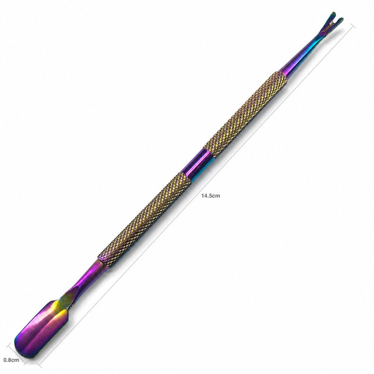 Rainbow cuticle trimmer and pusher tool showing 14.5cm length and 0.8cm curved pusher end for manicure prep