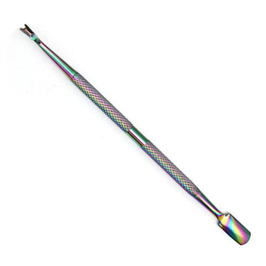 Rainbow cuticle pusher and trimmer, dual-ended stainless steel manicure tool with textured grip