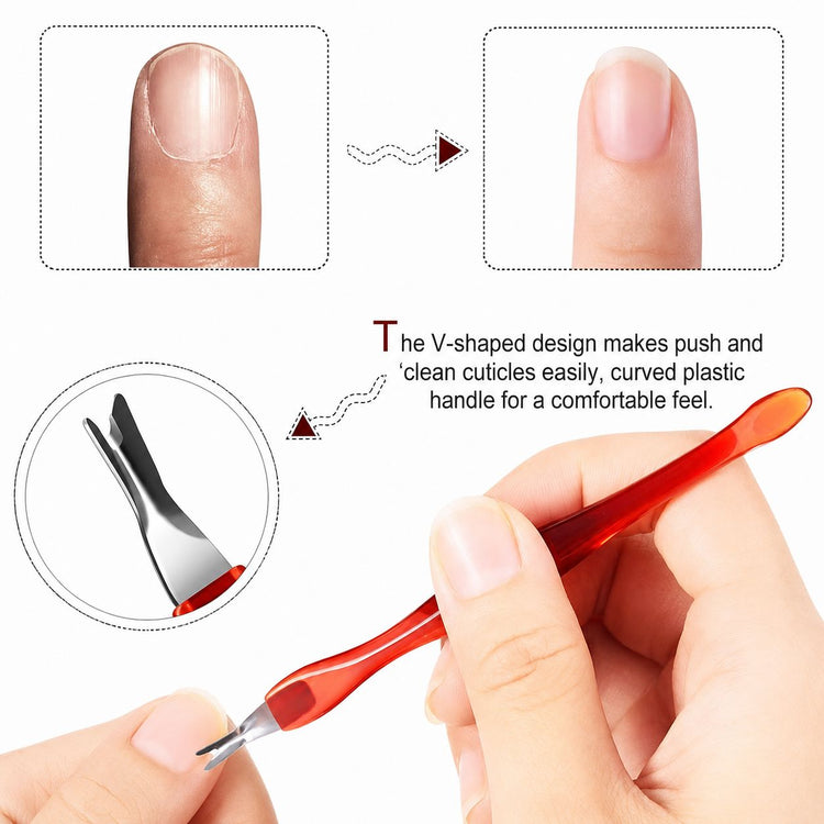Red V-shaped cuticle trimmer and pusher tool showing easy cuticle cleaning, NSI Australia