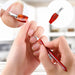 Red V-shaped cuticle trimmer and pusher nail tool being used for manicure cuticle care, NSI Australia