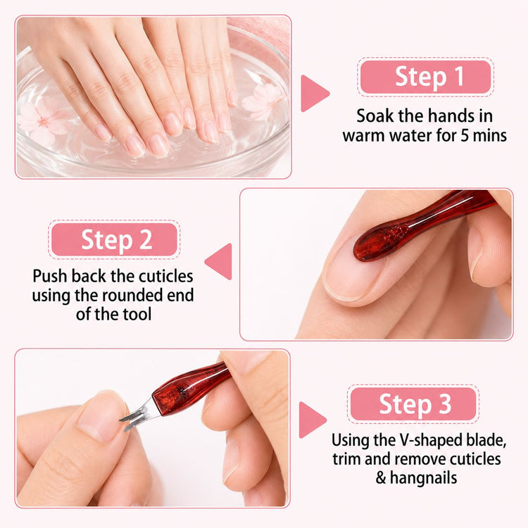 Red V-shaped cuticle trimmer and pusher tool showing 3-step cuticle care instructions, NSI Australia