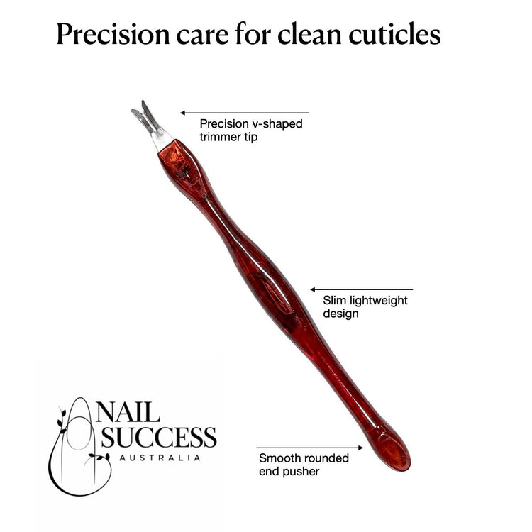 Red V-shaped cuticle trimmer and pusher nail tool with precision tip, NSI Australia