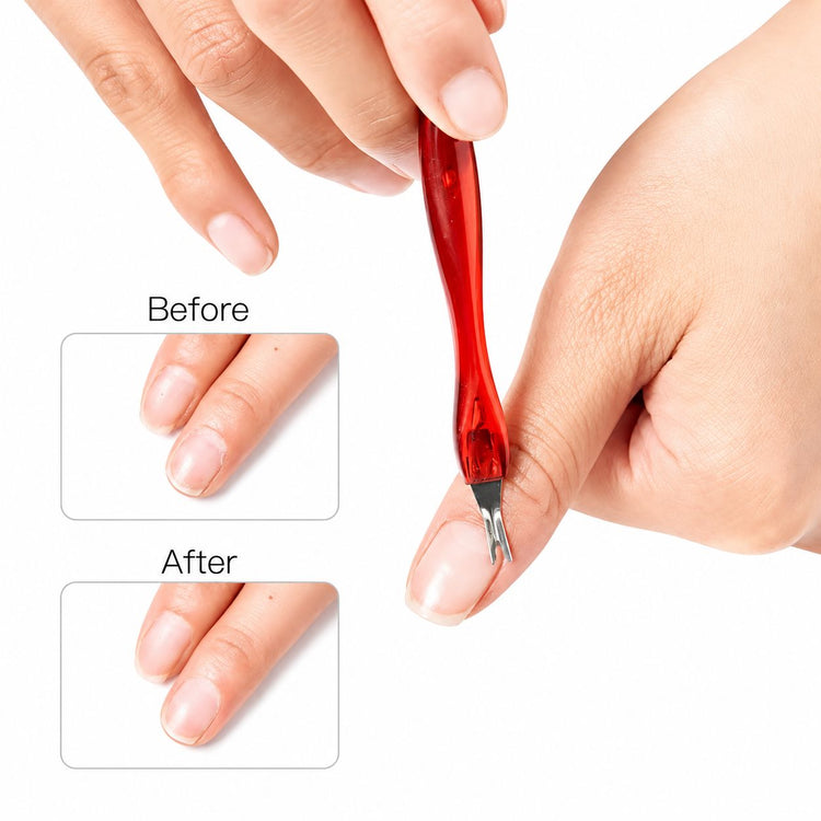 Red V-shaped cuticle trimmer and pusher tool with before and after cuticle care results, NSI Australia