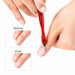 Red V-shaped cuticle trimmer and pusher tool with before and after cuticle care results, NSI Australia