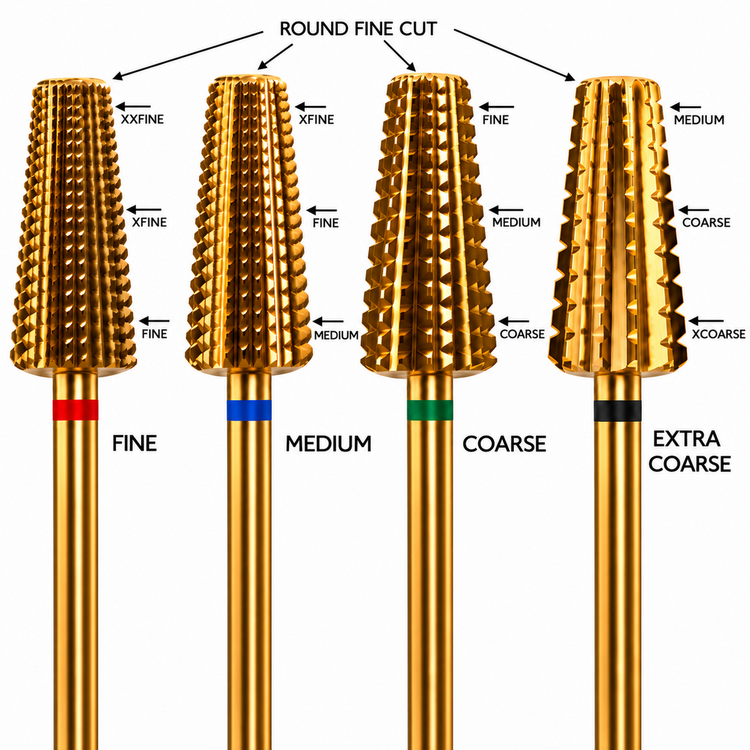 Cyclone 5-in-1 tungsten carbide nail drill bit, diagram labelling grit zones Fine through Extra Coarse