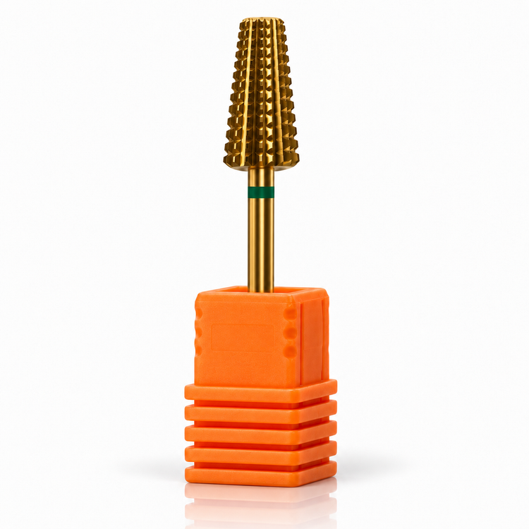 Cyclone Tungsten Carbide Nail Drill Bit 5-in-1, C Fine-Medium-Coarse, gold tapered cone, green band, orange stand