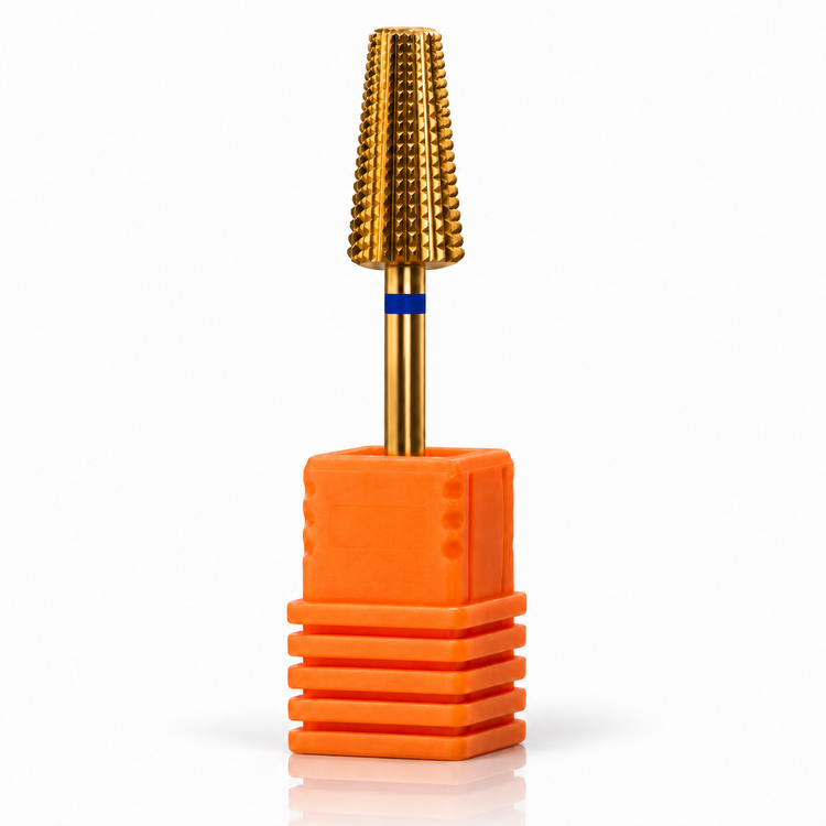 Cyclone 5-in-1 tungsten carbide nail drill bit, M, gold wide-cone bit with blue band, orange base