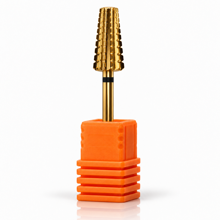 Cyclone Tungsten Carbide Nail Drill Bit 5-in-1, XC Medium-Coarse-XCoarse, orange stand, gold tapered cone, black band