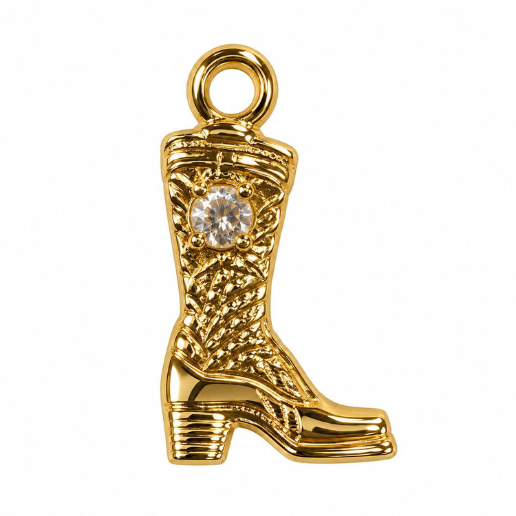 Gold boot dangle nail charm with a rhinestone