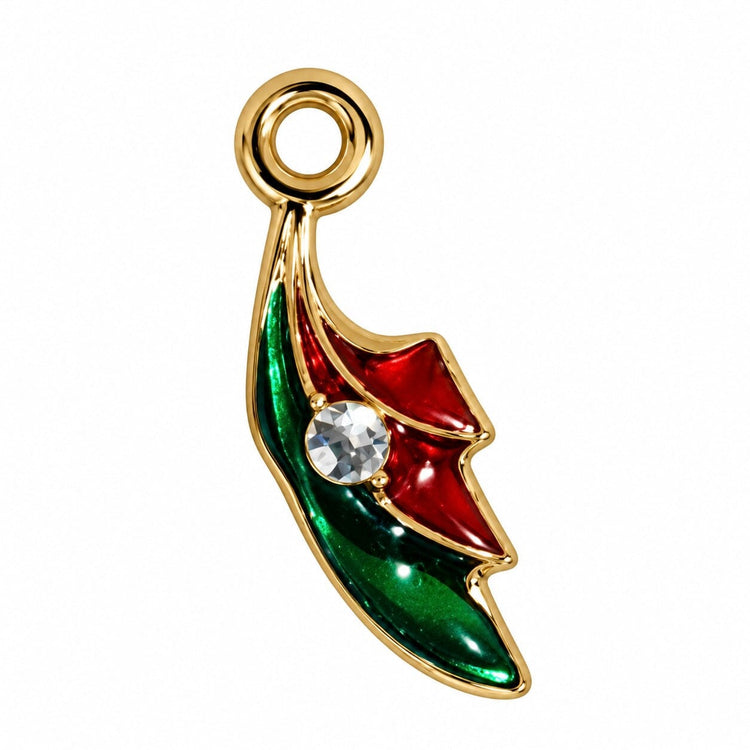 Curved dangle nail charm in gold with red and green enamel and a rhinestone