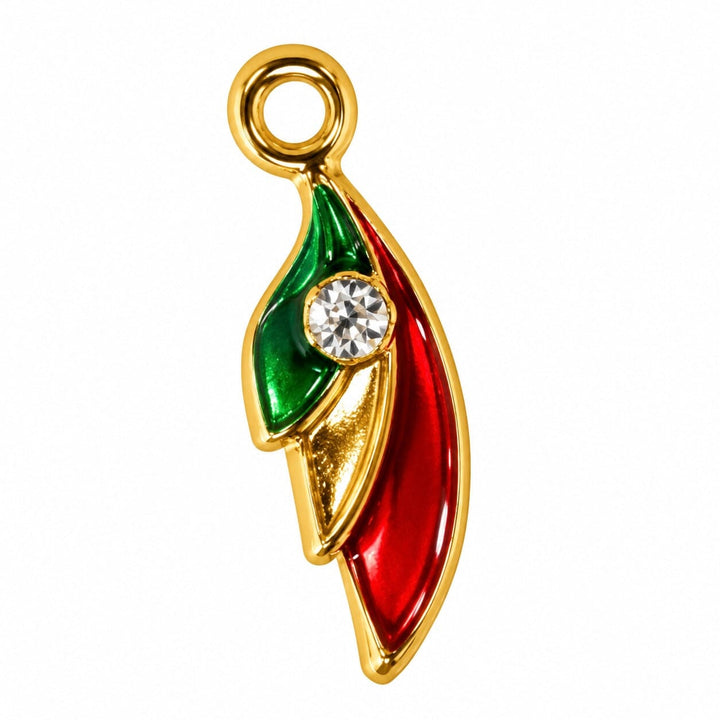 Triple curve dangle nail charm in gold with red and green enamel and a rhinestone