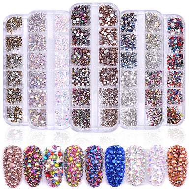 3D nail art rhinestones in assorted colours and sizes with storage trays