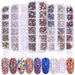 3D nail art rhinestones in assorted colours and sizes with storage trays