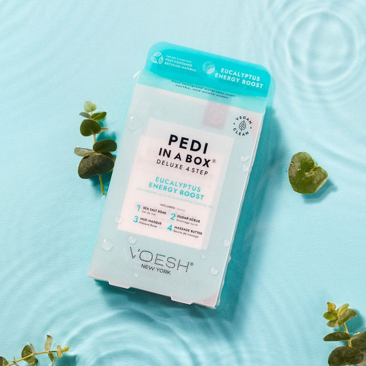 Voesh Pedi in a Box Deluxe 4 Step Eucalyptus Energy Boost pedicure kit with eucalyptus essential oil and organic olive oil