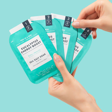 Voesh Pedi in a Box Eucalyptus Energy Boost pedicure kit packets with sea salt soak, sugar scrub, mud masque and massage butter