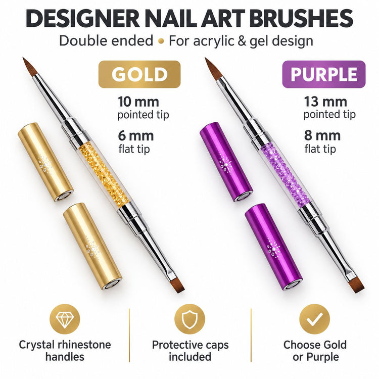 Gold and purple double-ended nail art brushes with crystal-filled handles, pointed and flat tips, matching protective caps and labelled tip measurements.
