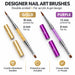 Gold and purple double-ended nail art brushes with crystal-filled handles, pointed and flat tips, matching protective caps and labelled tip measurements.
