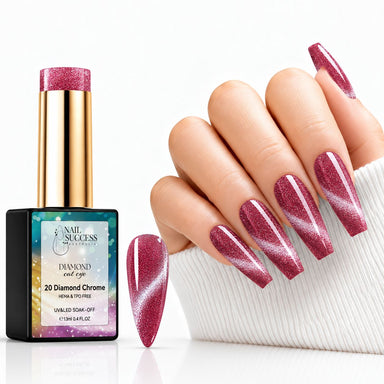 Nail Success Diamond Chrome cat eye gel polish 20 with matching swatch and berry pink coffin nails featuring silver shimmer bands.
