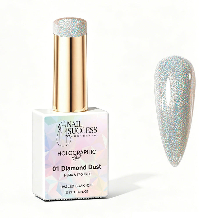 Nail Success Australia Diamond Dust holographic gel polish bottle with glossy silver holographic nail colour swatch