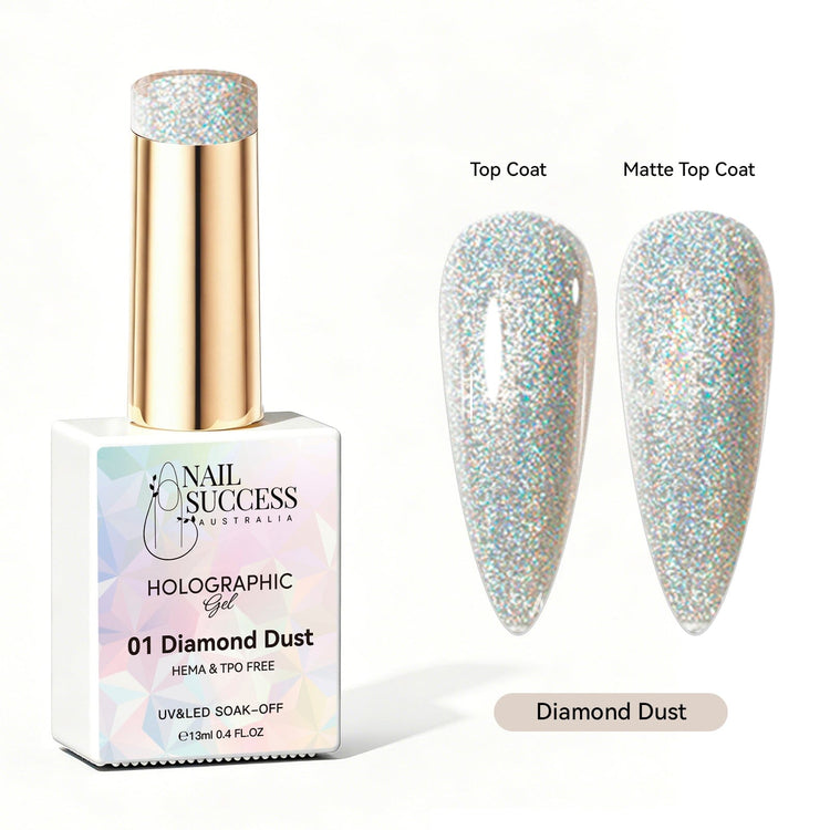 Nail Success Australia Diamond Dust holographic gel polish with top coat and matte top coat swatches