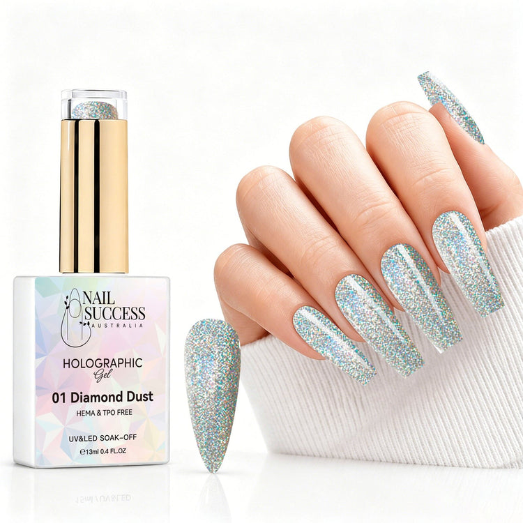 Diamond Dust holographic gel polish with silver holographic glitter swatch and matching manicure for HEMA and TPO free salon nails