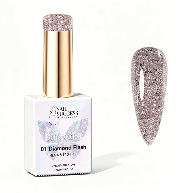 Nail Success Australia Diamond Flash reflective glitter gel polish bottle with glossy diamond silver nail colour swatch
