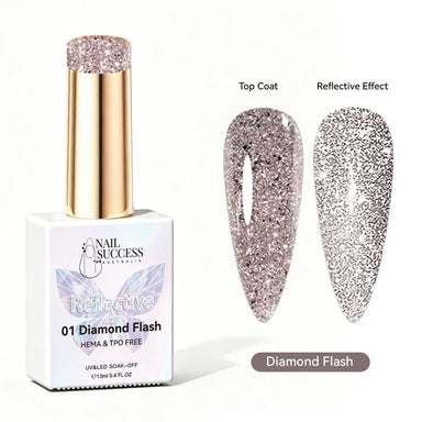 Nail Success Australia Diamond Flash reflective glitter gel polish with top coat and reflective effect swatches
