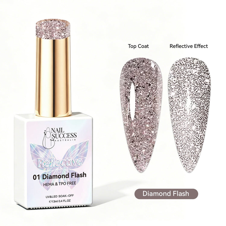 Nail Success Australia Diamond Flash reflective glitter gel polish with top coat and reflective effect swatches