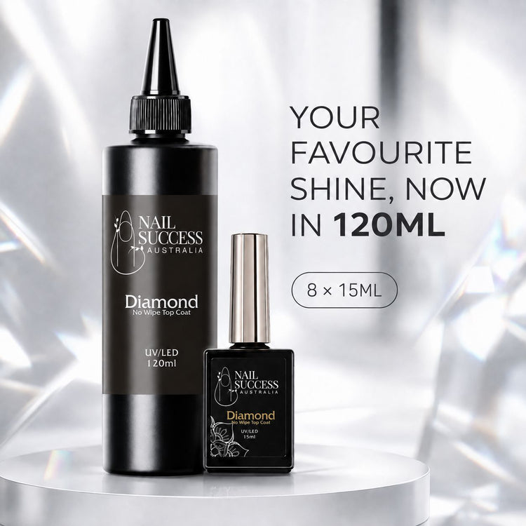 Nail Success Australia Diamond No Wipe Top Coat 120 ml refill beside a 15 ml bottle, highlighting refill capacity equal to eight 15 ml bottles.
