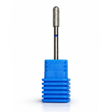 Diamond cylinder barrel nail drill bit with rounded top in a blue holder