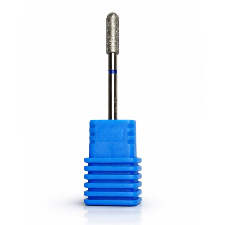 Diamond cylinder barrel nail drill bit with rounded top in a blue holder