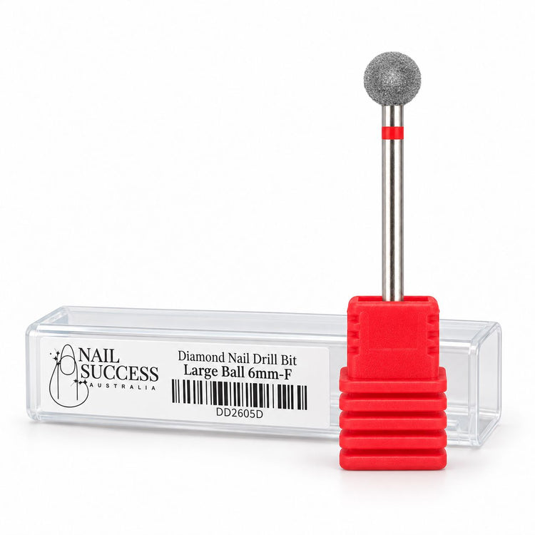 Nail Success Australia 6 mm fine grit diamond ball nail drill bit, displayed upright in a red holder beside its labelled clear case.
