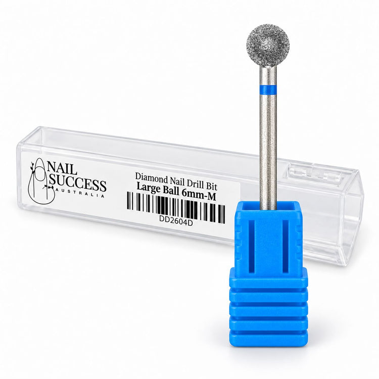 Nail Success Australia 6 mm medium grit diamond ball nail drill bit, displayed upright in a blue holder beside its labelled clear case.
