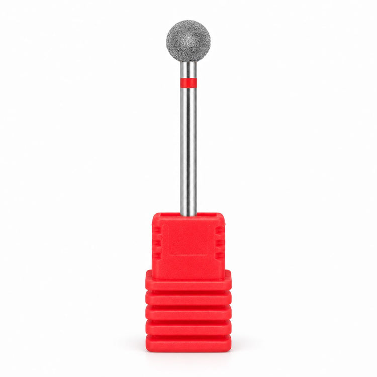 Fine grit 6 mm diamond ball nail drill bit with a red band, displayed upright in a red holder on a white background.
