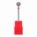 Fine grit 6 mm diamond ball nail drill bit with a red band, displayed upright in a red holder on a white background.
