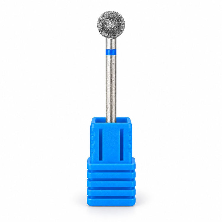 Medium grit 6 mm diamond ball nail drill bit with a blue band, displayed upright in a blue holder on a white background.

