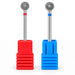 Two 6 mm diamond ball nail drill bits in fine and medium grits, displayed upright in red and blue holders.
