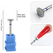 Diamond nail drill bit with disc-shaped head, 42mm total length and 8mm width, shown in use on a red nail for e-file shaping and nail refinement