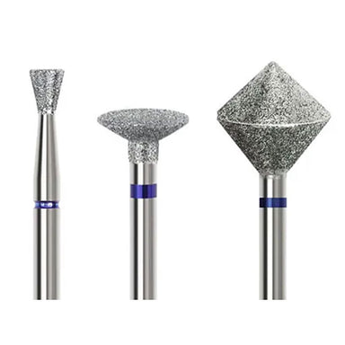 Three diamond nail drill bits with cone, disc and diamond-shaped heads for e-file manicures, cuticle cleaning, shaping and nail refinement