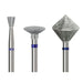 Three diamond nail drill bits with cone, disc and diamond-shaped heads for e-file manicures, cuticle cleaning, shaping and nail refinement