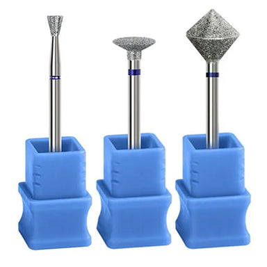 Pack of 3 diamond nail drill bits with cone, disc and diamond-shaped heads in blue holders for e-file manicures, cuticle cleaning, shaping and nail refinement