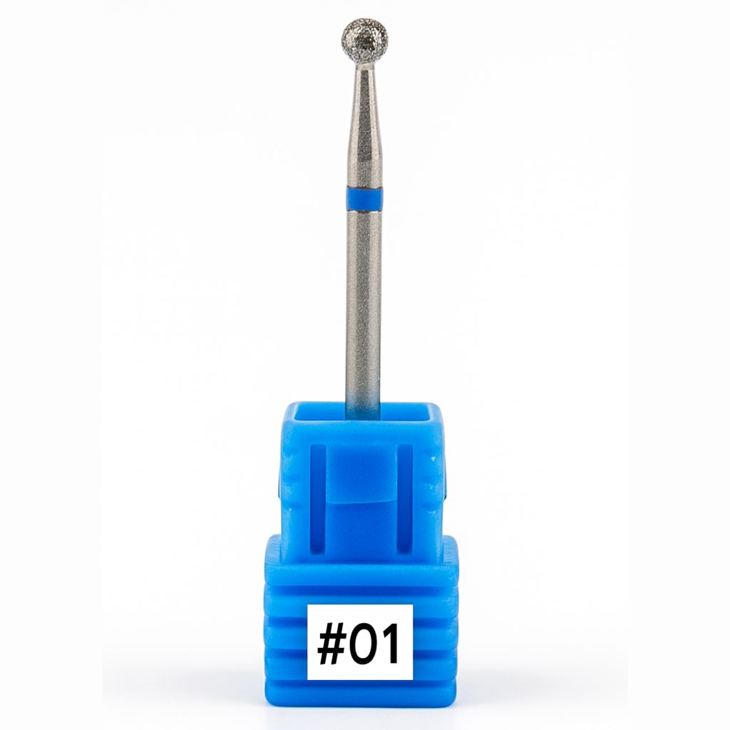 Diamond‑coated ball nail drill bit #01 with blue band for cuticle cleaning and nail prep, shown in blue protective holder
