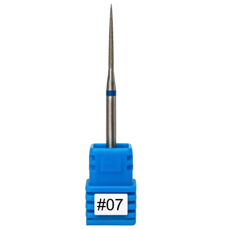 Diamond nail drill bit #07 with extra-fine tapered needle tip in blue holder on white background