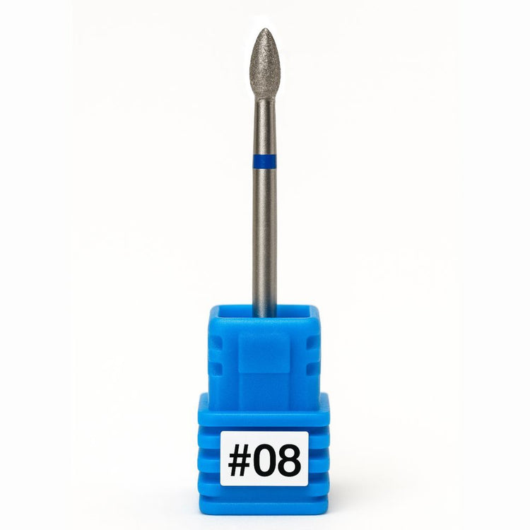 Diamond nail drill bit #08 with tapered bullet-shaped head in blue holder on white background