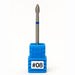 Diamond nail drill bit #08 with tapered bullet-shaped head in blue holder on white background
