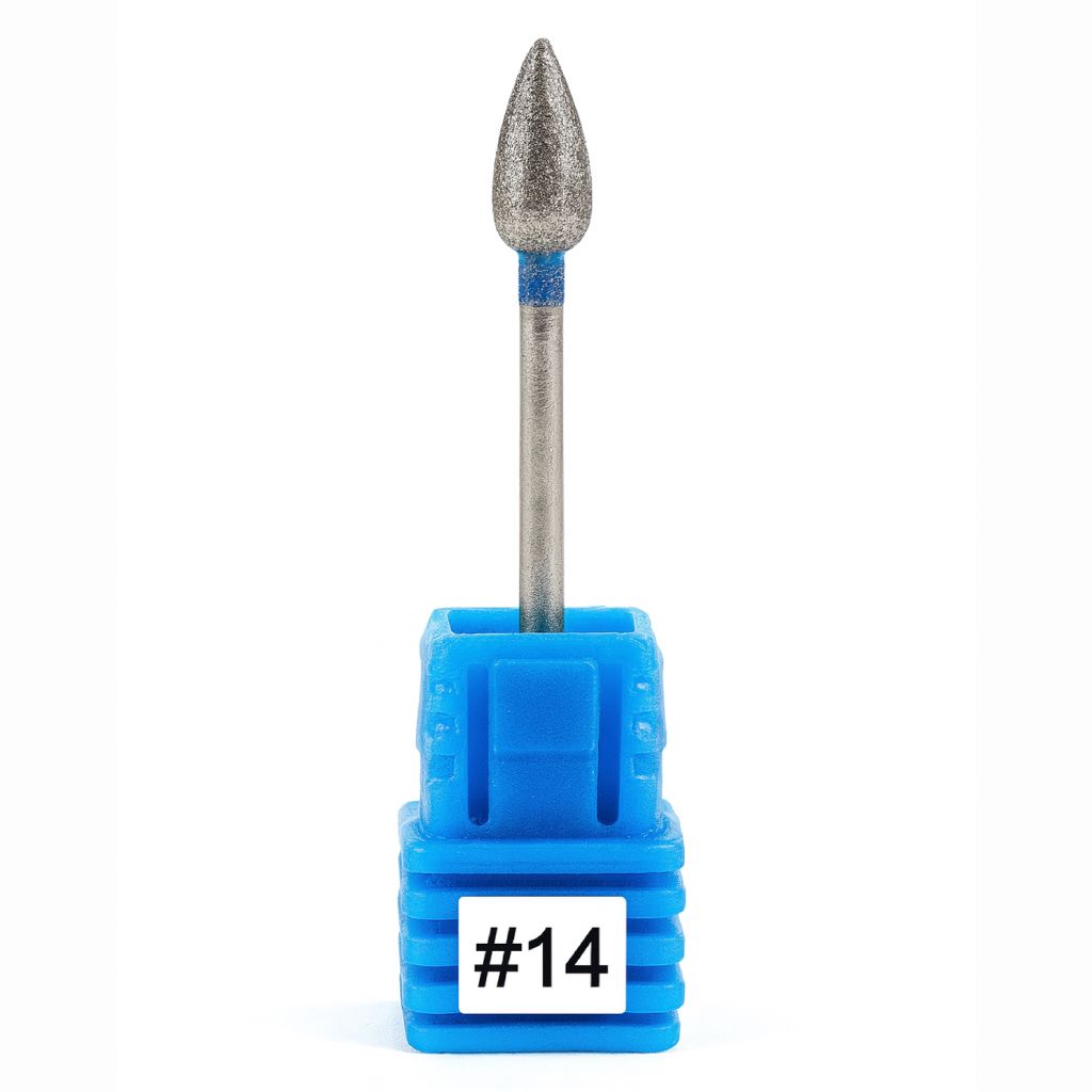 teardrop (flame) shape with blue band, medium-grit e-file bit on blue holder