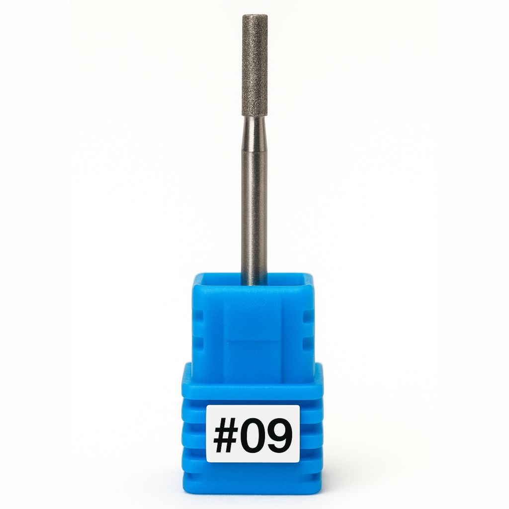 Diamond nail drill bit #09 — slim cylinder (barrel) shape, diamond-grit e-file bit on blue holder