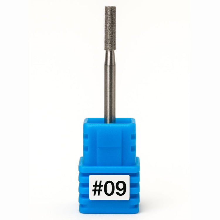 Diamond nail drill bit #09 — slim cylinder (barrel) shape, diamond-grit e-file bit on blue holder